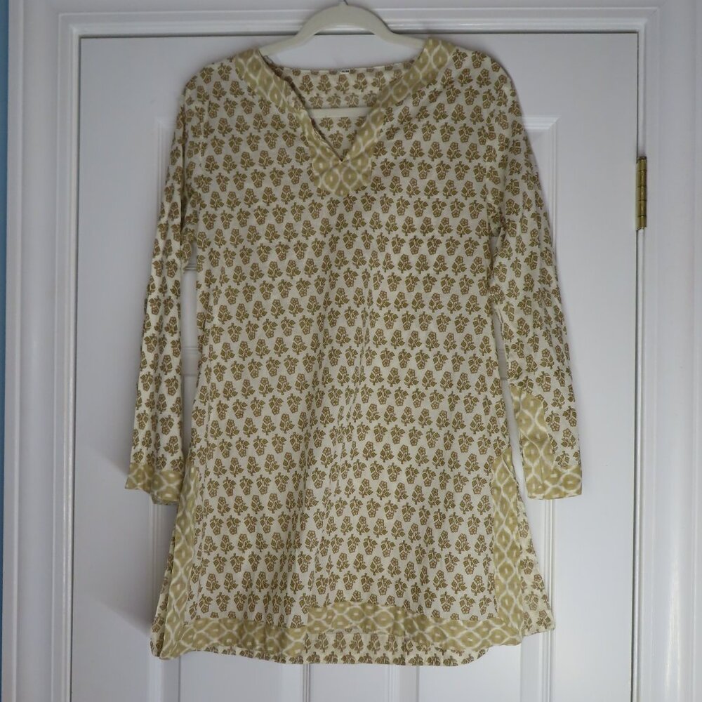 Boho floral print cream 100% cotton lightweight tunic top coverup beach S/M